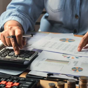 accounting concept. businesswoman working using calculator with money stack in office